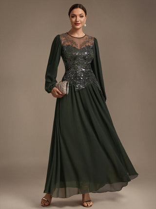 Plus Size Long Sleeve Sequin Chiffon Round Neck A-Line Evening Dresses