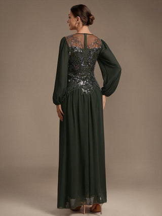 Plus Size Long Sleeve Sequin Chiffon Round Neck A-Line Evening Dresses