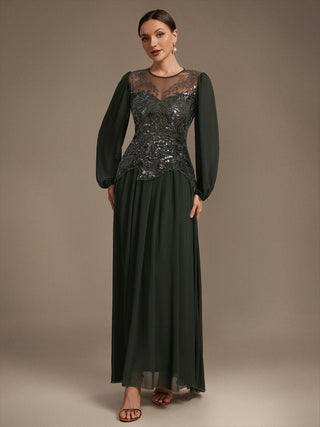 Plus Size Long Sleeve Sequin Chiffon Round Neck A-Line Evening Dresses