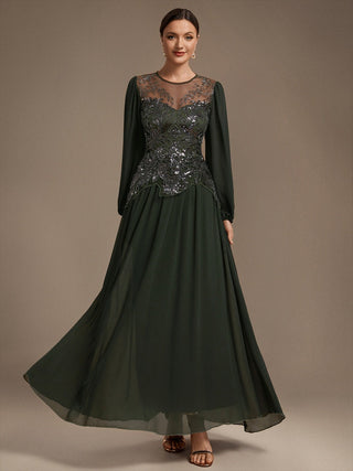 Plus Size Long Sleeve Sequin Chiffon Round Neck A-Line Evening Dresses