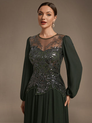 Plus Size Long Sleeve Sequin Chiffon Round Neck A-Line Evening Dresses