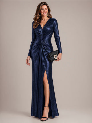 Fitted Sleeve Jersey Sheath Maxi Evening Dress