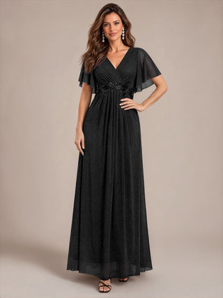 Ruffle Sleeve Lurex Mesh Maxi Length Evening Dresses