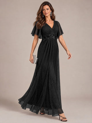 Ruffle Sleeve Lurex Mesh Maxi Length Evening Dresses