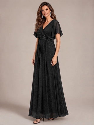 Ruffle Sleeve Lurex Mesh Maxi Length Evening Dresses