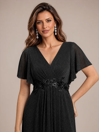 Ruffle Sleeve Lurex Mesh Maxi Length Evening Dresses