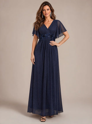 Ruffle Sleeve Lurex Mesh Maxi Length Evening Dresses