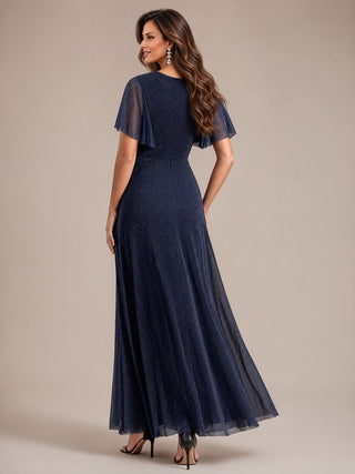 Ruffle Sleeve Lurex Mesh Maxi Length Evening Dresses