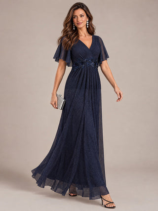 Ruffle Sleeve Lurex Mesh Maxi Length Evening Dresses