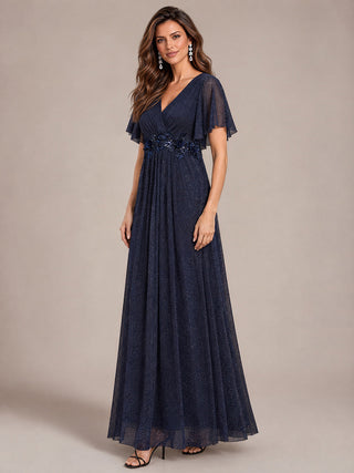Ruffle Sleeve Lurex Mesh Maxi Length Evening Dresses
