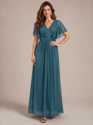 Ruffle Sleeve Lurex Mesh Maxi Length Evening Dresses
