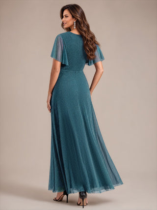 Ruffle Sleeve Lurex Mesh Maxi Length Evening Dresses
