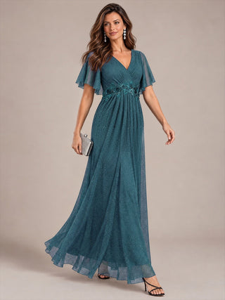 Ruffle Sleeve Lurex Mesh Maxi Length Evening Dresses