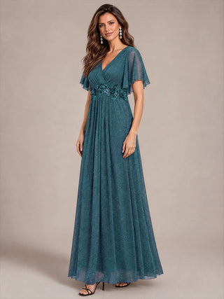 Ruffle Sleeve Lurex Mesh Maxi Length Evening Dresses