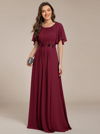 Short Sleeves Pleated Applique A-Line Floor-Length Formal Evening Dress (New SKU EE02968)