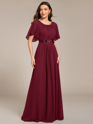 Short Sleeves Pleated Applique A-Line Floor-Length Formal Evening Dress (New SKU EE02968)