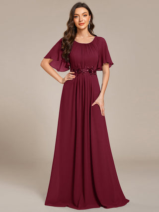 Short Sleeves Pleated Applique A-Line Floor-Length Formal Evening Dress (New SKU EE02968)