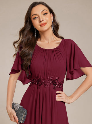 Short Sleeves Pleated Applique A-Line Floor-Length Formal Evening Dress (New SKU EE02968)