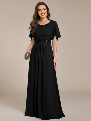 Short Sleeves Pleated Applique A-Line Floor-Length Formal Evening Dress (New SKU EE02968)