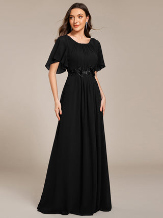 Short Sleeves Pleated Applique A-Line Floor-Length Formal Evening Dress (New SKU EE02968)