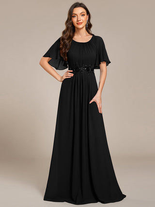 Short Sleeves Pleated Applique A-Line Floor-Length Formal Evening Dress (New SKU EE02968)