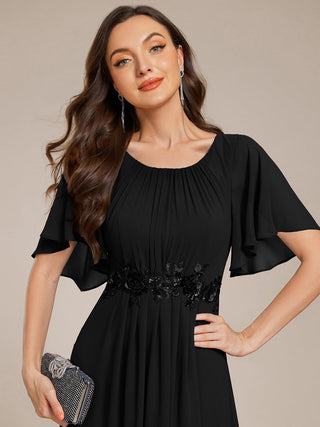Short Sleeves Pleated Applique A-Line Floor-Length Formal Evening Dress (New SKU EE02968)