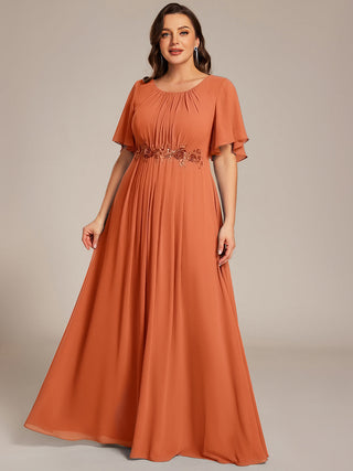 Short Sleeves Pleated Applique A-Line Floor-Length Formal Evening Dress (New SKU EE02968)