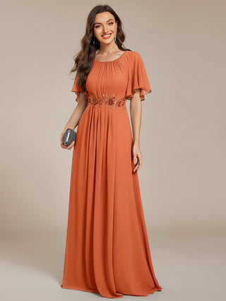 Short Sleeves Pleated Applique A-Line Floor-Length Formal Evening Dress (New SKU EE02968)