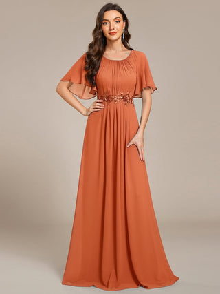 Short Sleeves Pleated Applique A-Line Floor-Length Formal Evening Dress (New SKU EE02968)