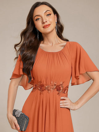 Short Sleeves Pleated Applique A-Line Floor-Length Formal Evening Dress (New SKU EE02968)