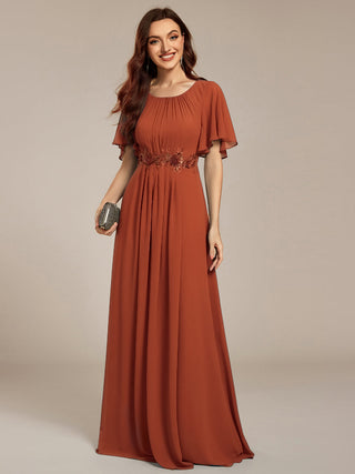 Short Sleeves Pleated Applique A-Line Floor-Length Formal Evening Dress (New SKU EE02968)