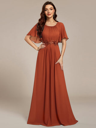 Short Sleeves Pleated Applique A-Line Floor-Length Formal Evening Dress (New SKU EE02968)