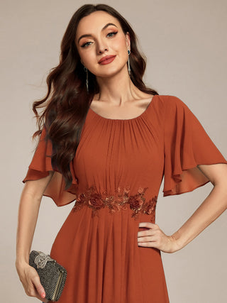 Short Sleeves Pleated Applique A-Line Floor-Length Formal Evening Dress (New SKU EE02968)