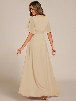 Short Sleeves Pleated Applique A-Line Floor-Length Formal Evening Dress (New SKU EE02968)