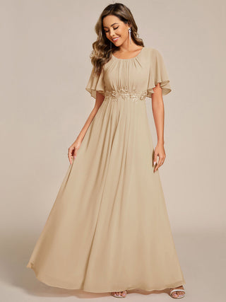 Short Sleeves Pleated Applique A-Line Floor-Length Formal Evening Dress (New SKU EE02968)