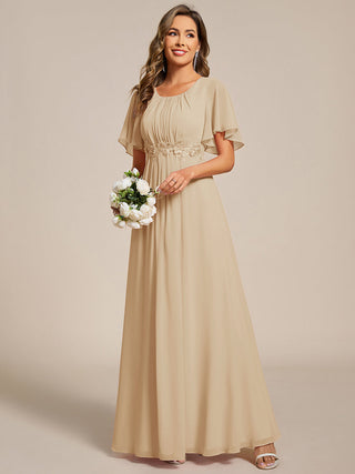 Short Sleeves Pleated Applique A-Line Floor-Length Formal Evening Dress (New SKU EE02968)