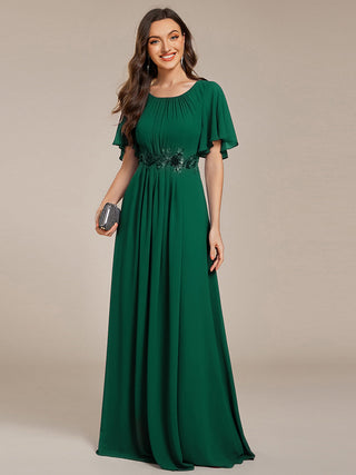Short Sleeves Pleated Applique A-Line Floor-Length Formal Evening Dress (New SKU EE02968)