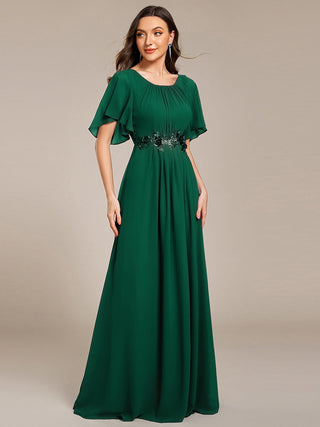 Short Sleeves Pleated Applique A-Line Floor-Length Formal Evening Dress (New SKU EE02968)