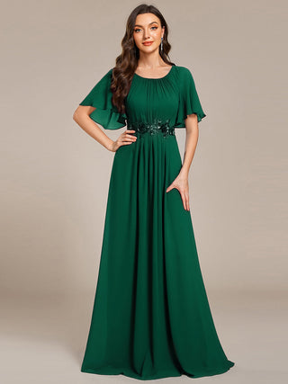 Short Sleeves Pleated Applique A-Line Floor-Length Formal Evening Dress (New SKU EE02968)