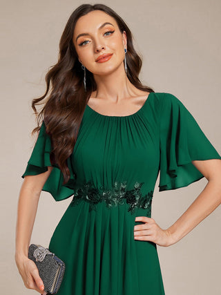 Short Sleeves Pleated Applique A-Line Floor-Length Formal Evening Dress (New SKU EE02968)