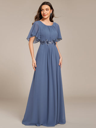Short Sleeves Pleated Applique A-Line Floor-Length Formal Evening Dress (New SKU EE02968)
