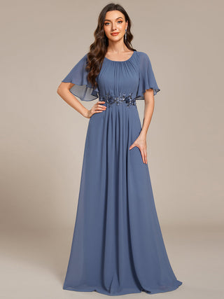 Short Sleeves Pleated Applique A-Line Floor-Length Formal Evening Dress (New SKU EE02968)