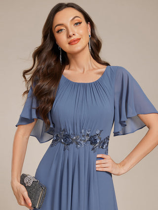Short Sleeves Pleated Applique A-Line Floor-Length Formal Evening Dress (New SKU EE02968)