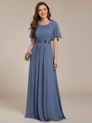 Short Sleeves Pleated Applique A-Line Floor-Length Formal Evening Dress (New SKU EE02968)