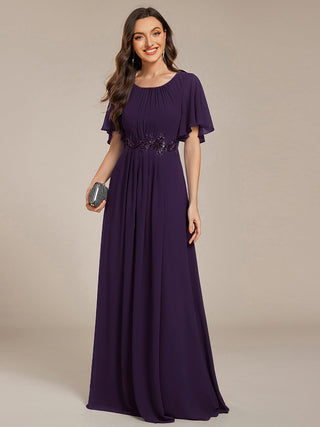 Short Sleeves Pleated Applique A-Line Floor-Length Formal Evening Dress (New SKU EE02968)