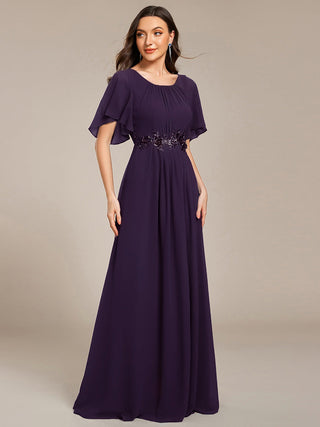 Short Sleeves Pleated Applique A-Line Floor-Length Formal Evening Dress (New SKU EE02968)