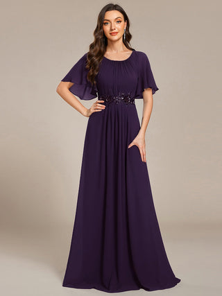 Short Sleeves Pleated Applique A-Line Floor-Length Formal Evening Dress (New SKU EE02968)