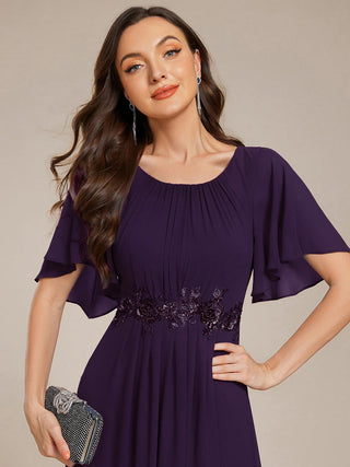 Short Sleeves Pleated Applique A-Line Floor-Length Formal Evening Dress (New SKU EE02968)