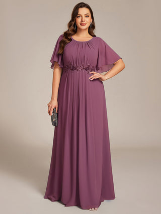 Short Sleeves Pleated Applique A-Line Floor-Length Formal Evening Dress (New SKU EE02968)