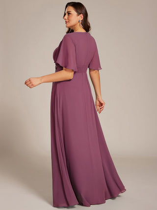 Short Sleeves Pleated Applique A-Line Floor-Length Formal Evening Dress (New SKU EE02968)